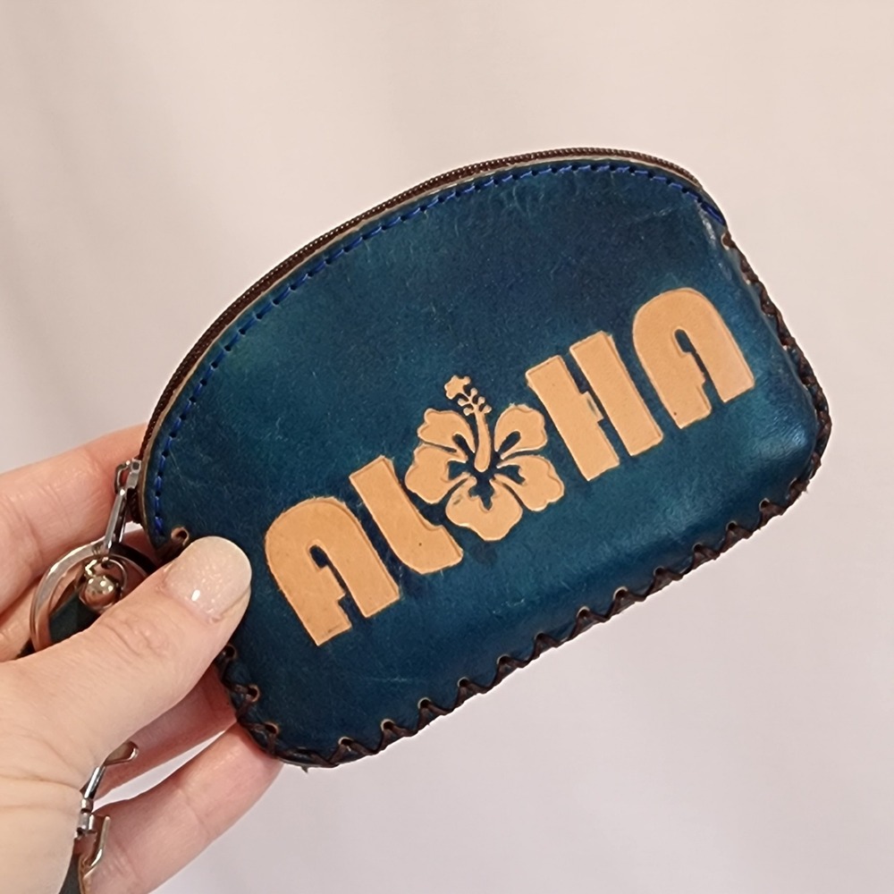 Aloha Hawaii Teal Leather Hibiscus Coin Purse Wristlet Keychain Whipstitch Boho
